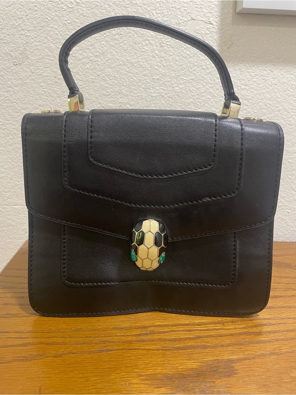 Bulgari Black Leather Top-Handle Satchel with Enamel Serpent Clasp
